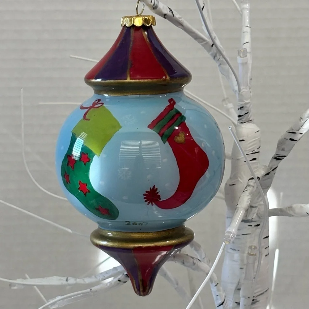 Pier One Li Bien Christmas Glass Ornament Stocking Hanging  Hand Painted 2007